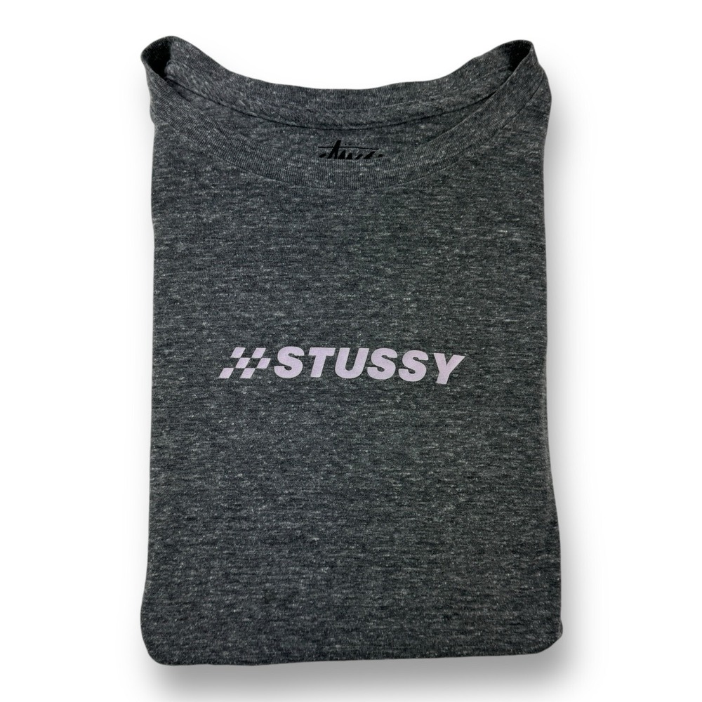 Stussy Women's Graphic T-Shirt Gray w/ Purple Spellout Size Medium